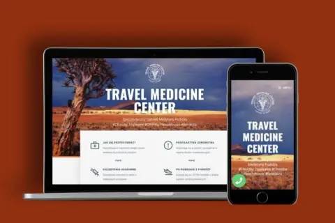 Strona wizytówka przykład: Travel Medicine Center, specjalistyczny gabinet medycyny podróży. Informacje o przygotowaniu do wyjazdu, szczepieniach i profilaktyce.