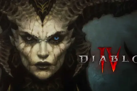 Lilith z Diablo 4, z logo gry. Czy wiesz, ile aktów ma Diablo 4?
