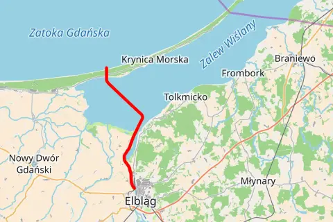 Mapa drogi z Elbląga do Krynicy Morskiej przez Zalew Wiślany, pokazująca rybackie tereny na mierzei.