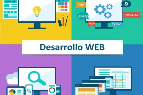 Ilustración de desarrollo web con iconos de programación, diseño de páginas web y herramientas de codificación.