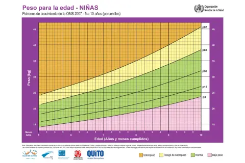 Gráfico de percentil peso niñas de 5 a 10 años. Muestra peso en kg vs edad en años y meses. Las curvas indican percentiles p3, p15, p50, p85, p97.