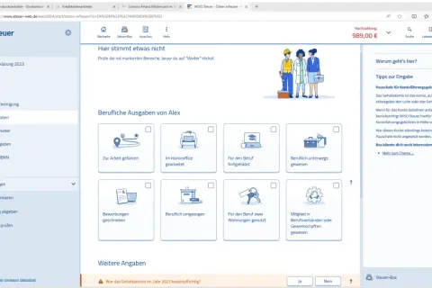 WISO Steuer-Oberfläche mit Optionen für berufliche Ausgaben wie "Zur Arbeit gefahren" oder "Im Homeoffice gearbeitet".