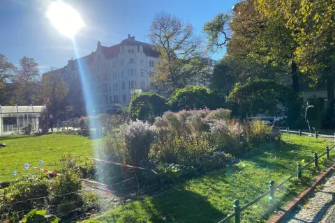 Grüner Park mit Blumenbeeten, Bäumen und einem Altbau unter strahlender Sonne.
