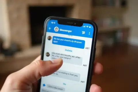 Palec dotyka ekranu telefonu z aplikacją Messenger. Dowiedz się, jak usunąć konto na Messengerze bez Facebooka.