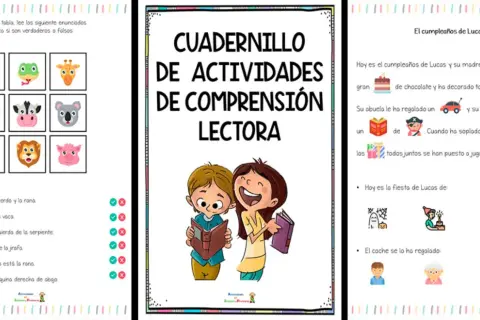 Cuadernillo de actividades de comprensión lectora para niños con ejercicios de animales y un cuento sobre el cumpleaños de Lucas.