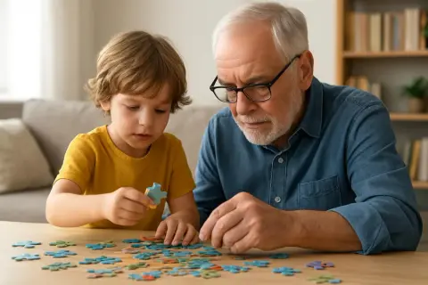 Chłopiec i dziadek składają puzzle, ciesząc się wspólnymi zabawami.