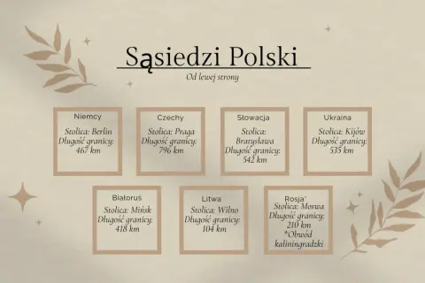 Polska graniczy z Niemcami, Czechami, Słowacją, Ukrainą, Białorusią, Litwą i Rosją (Obwód kaliningradzki).