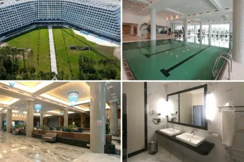 Widok z lotu ptaka na hotel, basen, lobby i łazienkę.