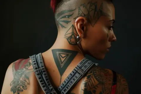 Mujer con un estilo único, mostrando su arte corporal con un impresionante **berlin tattoo** en la nuca y hombros.