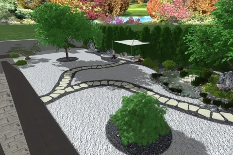 Un angolo di pace: un giardino zen fai da te con sentiero in pietra, laghetto, alberi e un'area relax sotto un ombrellone.