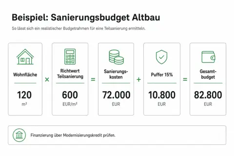 Beispielrechnung: 120 m² Wohnfläche x 600 EUR/m² = 72.000 EUR Sanierungskosten + 15% Puffer (10.800 EUR) = 82.800 EUR Gesamtbudget für altes Haus sanieren Kosten.