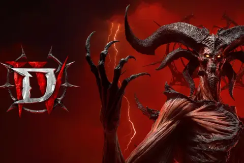 Diablo 4 dodatek: przerażający demon z rogami i płonącymi oczami, logo gry na tle burzy.