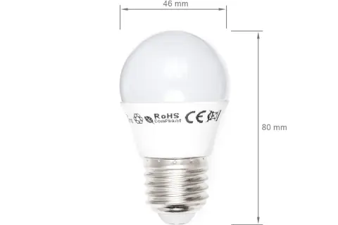Biała, kulista lampa LED z gwintem, oznaczona symbolami RoHS i CE. Wymiary: 46 mm szerokości, 80 mm wysokości.