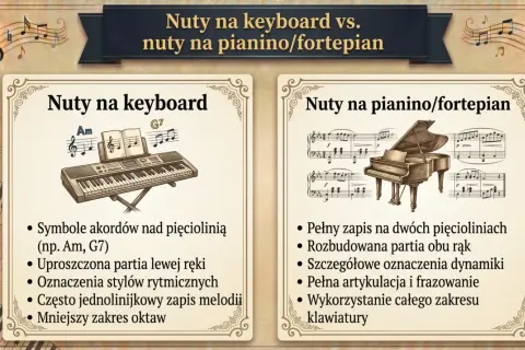 Nuty na keyboard vs. pianino. Po lewej keyboard z akordami, po prawej pianino z pełnym zapisem nut.