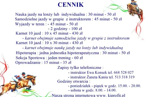 Cennik usług jeździeckich w klubie jeździeckim Profit: nauka jazdy, hipoterapii, sekcje sportowe. Zapisy telefoniczne.