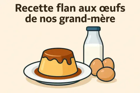 Recette flan aux œufs de nos grand-mère : un flan onctueux sur une assiette, à côté d'une bouteille de lait et d'œufs.