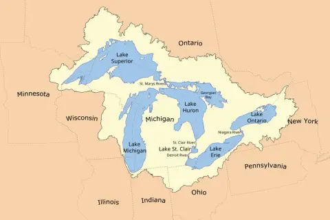 Mapa Wielkich Jezior i otaczających stanów USA. Widać jeziora: Górne, Michigan, Huron, Erie, Ontario.