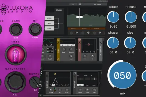 Luxora Audio und weitere kostenlose Vocal Plugins mit Reglern für Attack, Release, Phaser, Reverb und mehr.