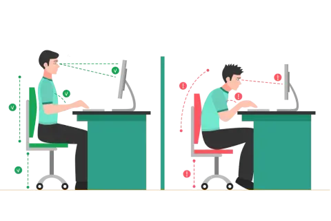 Prawidłowa ergonomia postawy podczas pracy: siedzenie prosto, wzrok na monitorze. Zła postawa: garbienie się, oczy poniżej ekranu.