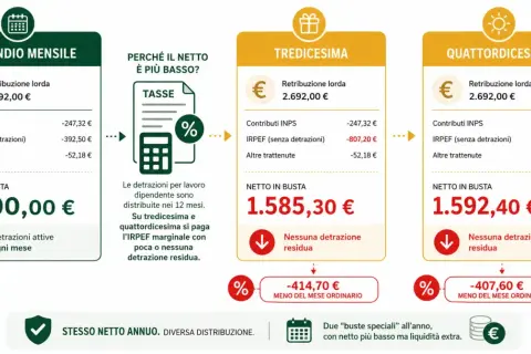 Confronto busta paga: stipendio mensile, tredicesima e quattordicesima. La tredicesima in busta paga risulta inferiore a causa dell'IRPEF marginale.