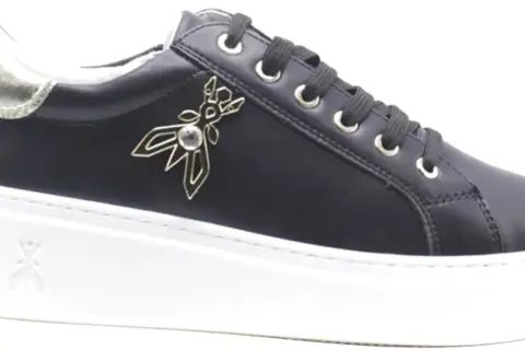 Black Patrizia Pepe sneaker with gold bee logo and white platform sole.