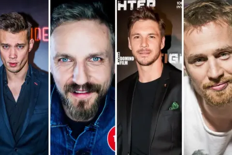 Czterech przystojnych polskich aktorów mężczyzn: Sebastian Fabijański, Michał Żurawski, Tomasz Schuchardt i Mateusz Banasiuk.