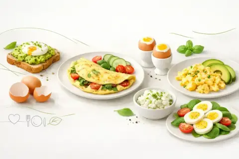 Różnorodne jajka na śniadanie: jajko w koszulce na awokado, omlet z pomidorkami, jajecznica, jajka na twardo i twarożek.