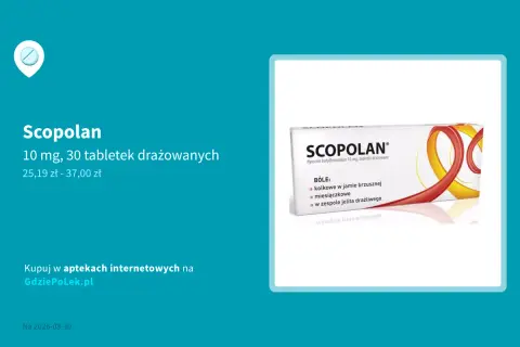 Opakowanie Scopolan 10 mg, 30 tabletek drażowanych. Czy Scopolan jest na receptę? Informacje o lekach i ich dostępności.