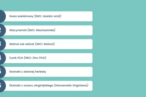 Składniki aktywne dla cery naczynkowej: kwas azelainowy, niacynamid, retinol, cynk PCA, ekstrakt z zielonej herbaty i oczaru wirginijskiego.