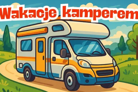 Kolorowy kamper na drodze pośród zielonych wzgórz. Czas na wakacje kamperem!