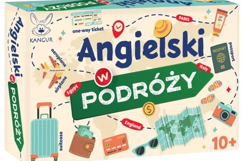 Gra "Angielski w podróży" z motywami lotniczymi, walizką, paszportem i mapą świata. Idealna do nauki języka podczas wakacji.