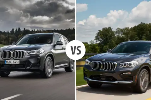 Porównanie BMW X4 z X3, uwzględniające BMW X4 wymiary. Dwa SUV-y na drodze.