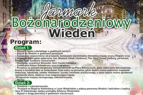 Wiedeń jarmark bożonarodzeniowy: śnieżne miasto, świąteczne dekoracje i mnóstwo atrakcji. Program wycieczki obejmuje zwiedzanie zabytków i czas wolny na jarmarku.