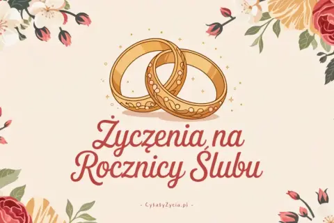 Złote obrączki i kwiaty otaczają napis "Życzenia na Rocznicy Ślubu". To idealne tło do podziękowania za życzenia z okazji rocznicy ślubu.