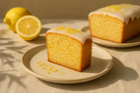 Ein Stück saftiger, veganer Zitronenkuchen mit Zuckerguss und Zitronenschale bestreut, daneben frische Zitronen.