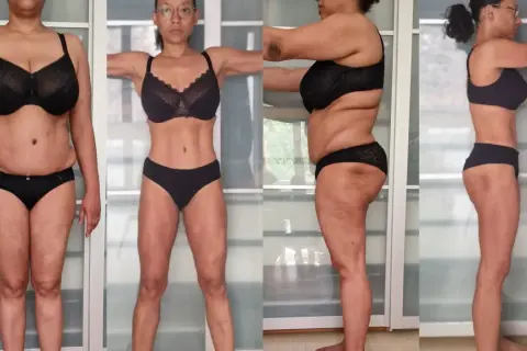 Comparaison avant/après : une femme en lingerie noire montre sa silhouette. Elle ne perd pas de poids mais s'affine, avec des muscles plus visibles.