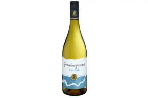 Flasche trockener Grauburgunder Qualitätswein aus Rheinhessen.