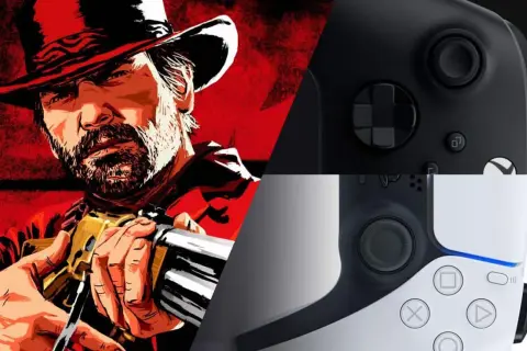 Arthur Morgan im Red Dead Redemption 2 Stil, neben PS5-Controllern. Ein Upgrade für das Spiel auf PS5 wäre fantastisch!