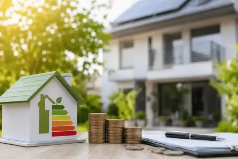 Casa modelo con etiqueta de eficiencia energética y pilas de monedas, simbolizando hipotecas verdes y ahorro.