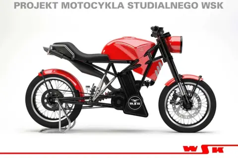 Nowa wsk w czerwonym kolorze, projekt motocykla studialnego. Klasyczny design z nowoczesnymi elementami.