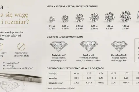 Porównanie wielkości diamentów od 0.10 do 3.00 karatów. Dowiedz się, jak masa (karat) wpływa na objętość i rozmiar kamienia.