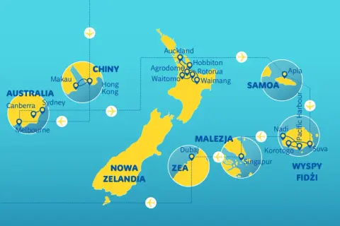 Mapa pokazuje podróże po państwach w Oceanii: Nowa Zelandia, Australia, Samoa, Fidżi, Malezja, ZEA i Chiny.