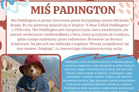Miś Paddington w czerwonym kapeluszu i niebieskim płaszczu, z tabliczką na szyi.