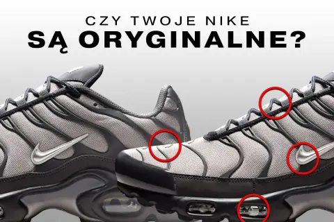 Szare buty Nike z czerwonymi kółkami wskazującymi detale. Czy w 50 style są oryginalne buty?