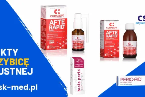 Produkty na grzybicę jamy ustnej bez recepty: spray, płyn i pasta Curasept After Rapid, Perio-Aid oraz wybielająca pasta Biała Perła.