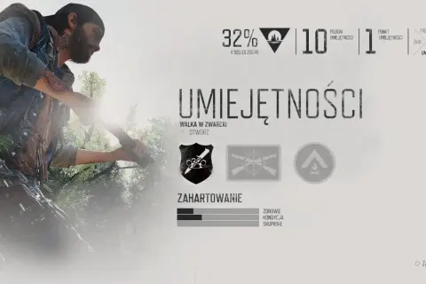 Menu umiejętności w Days Gone. Poziom 10, 32% postępu. Zobacz statystyki i odblokuj nowe zdolności.