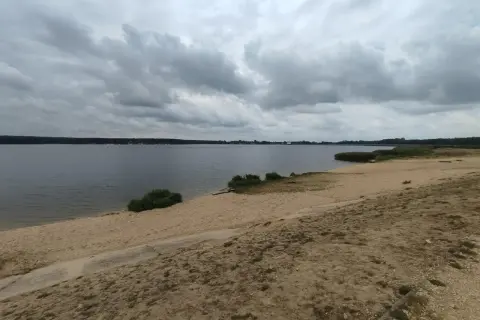 Plaża nad zalewem porajskim pod pochmurnym niebem. Woda spokojna, brzeg piaszczysty z kępami zieleni.