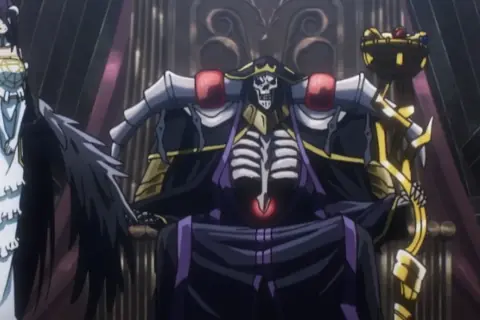 Ainz Ooal Gown thront auf seinem Thron, Albedo an seiner Seite. Die Szene deutet auf kommende Ereignisse in **Overlord Staffel 5** hin.