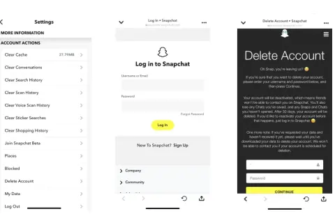 Ekran ustawień Snapchata, gdzie można znaleźć opcję "Delete Account", aby dowiedzieć się, jak usunąć snapa.