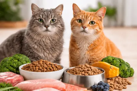 Två katter, en grå och en orange, sitter framför skålar med torrfoder. Runtomkring finns rått kött, broccoli och blåbär. Detta kan vara den bästa kattmaten för äldre katter.